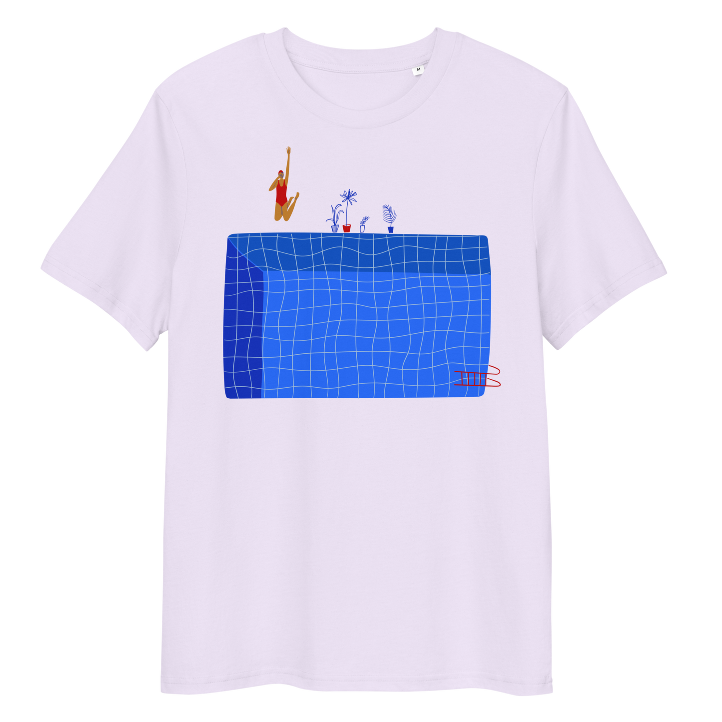 Lavender organic swim shirt with illustrated blue pool and female swimmer graphic, eco-friendly and sustainable shirt for swimmer girls and swim parents