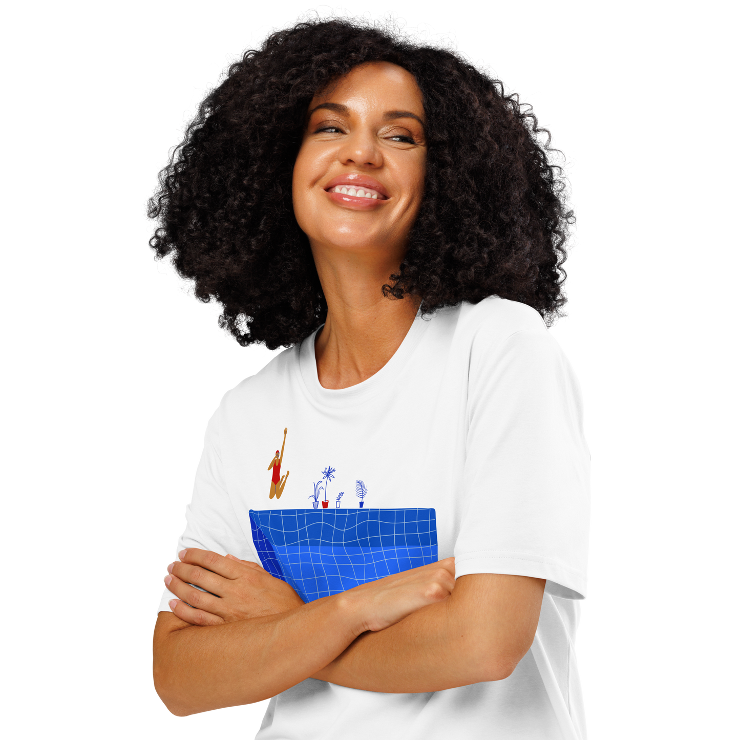 Woman wearing a white swim shirt with a colorful swim pool design on a white background