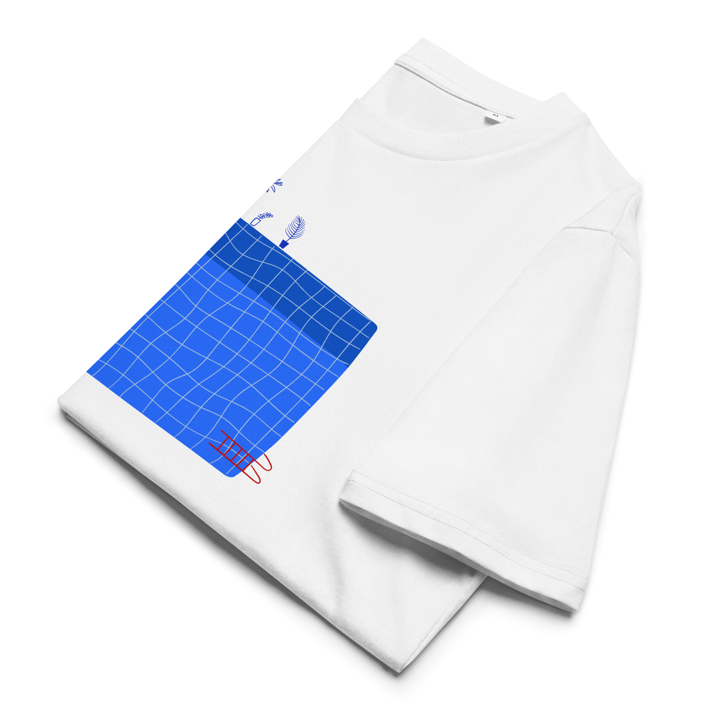 Folded white organic swim shirt with illustrated blue pool and female swimmer graphic, eco-friendly and sustainable shirt for swimmer girls and swim parents
