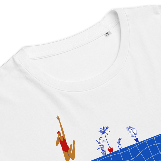 White t-shirt with a colorful graphic of a person by a pool on a white background