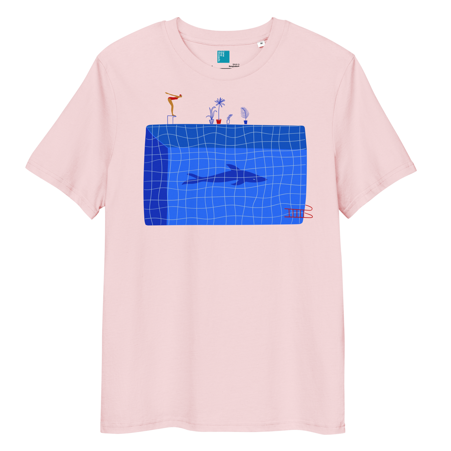 Pink organic swim shirt with blue pool and shark illustration, eco-friendly shirt for swimmers, swim moms, and dads