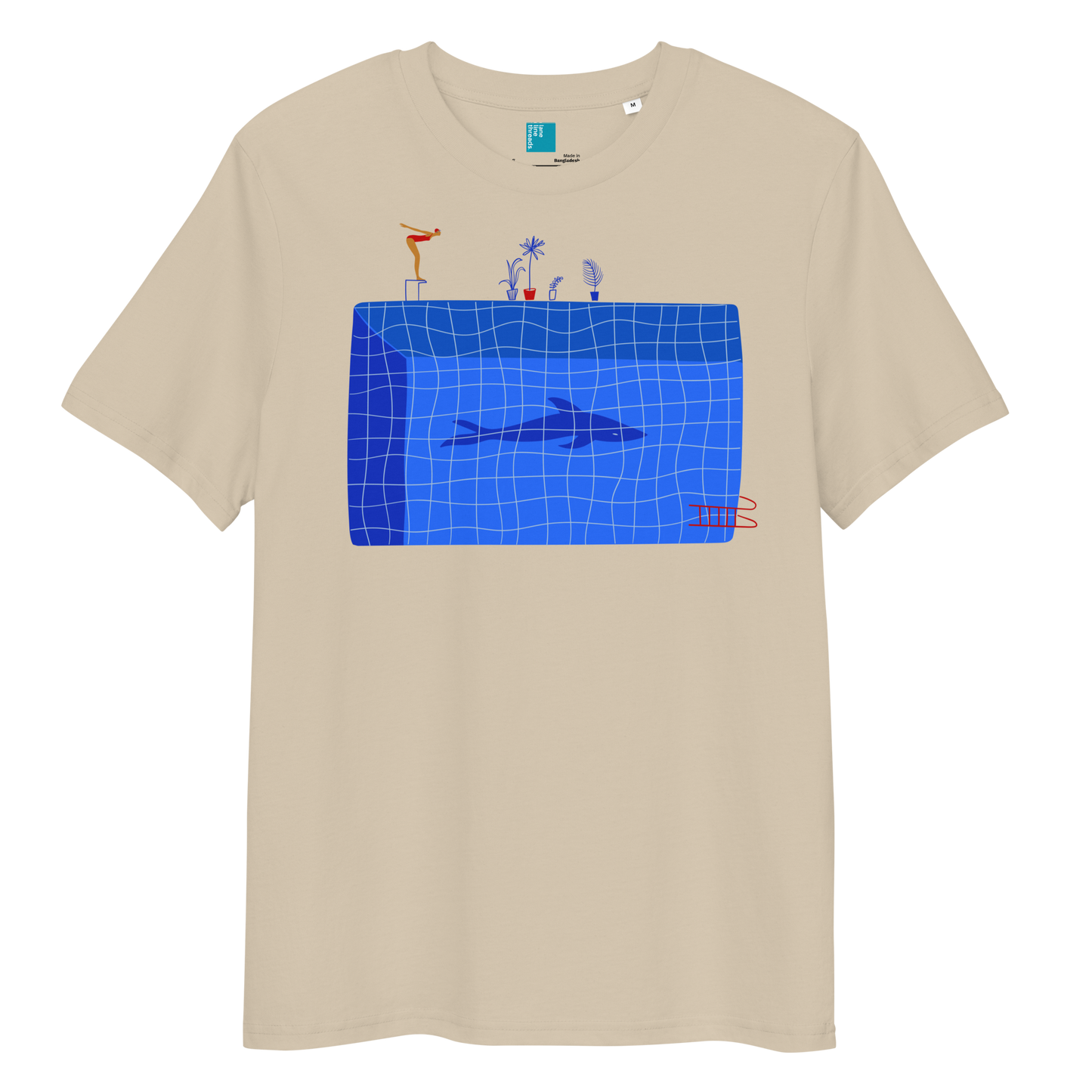 Beige organic swim shirt with blue pool and shark illustration, eco-friendly shirt for swimmers, swim moms, and dads