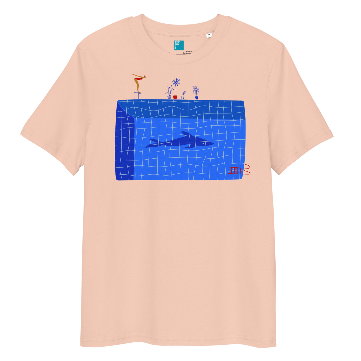 Peach organic swim shirt with blue pool and shark illustration, eco-friendly shirt for swimmers, swim moms, and dads