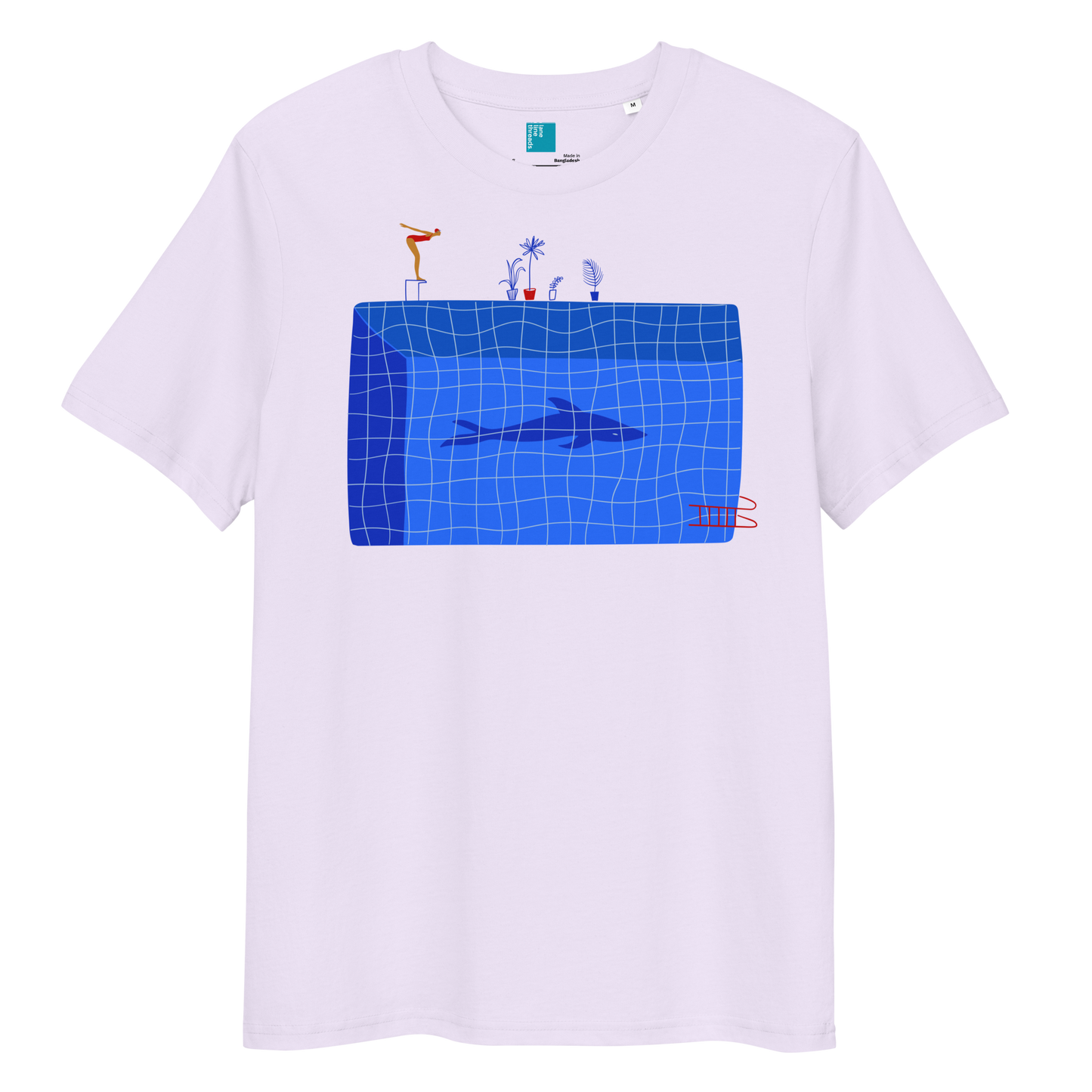 Lavender organic swim shirt with blue pool and shark illustration, eco-friendly shirt for swimmers, swim moms, and dads