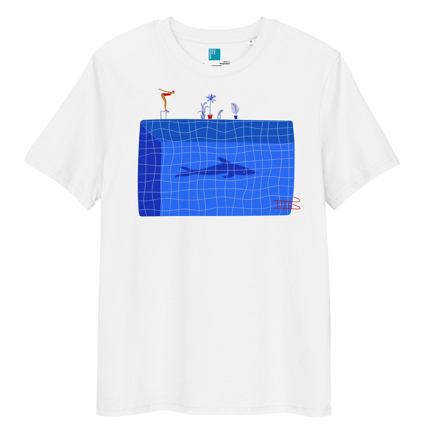 White organic swim shirt with blue pool and shark illustration, eco-friendly shirt for swimmers, swim moms, and dads