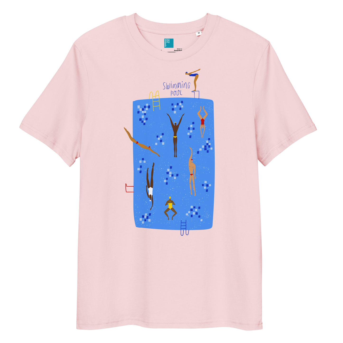 Pink organic swim shirt with illustrated blue pool and swimmers graphic, eco-friendly and sustainable shirt for swimmers and swim parents