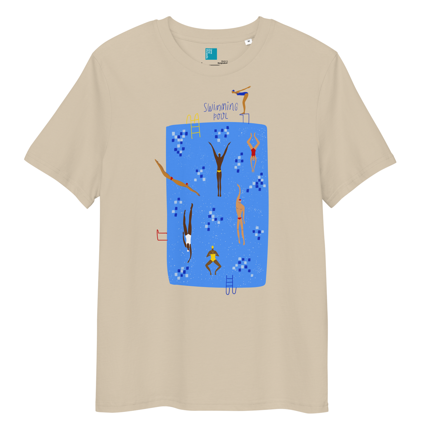 Beige organic swim shirt with illustrated blue pool and swimmers graphic, eco-friendly and sustainable shirt for swimmers and swim parents