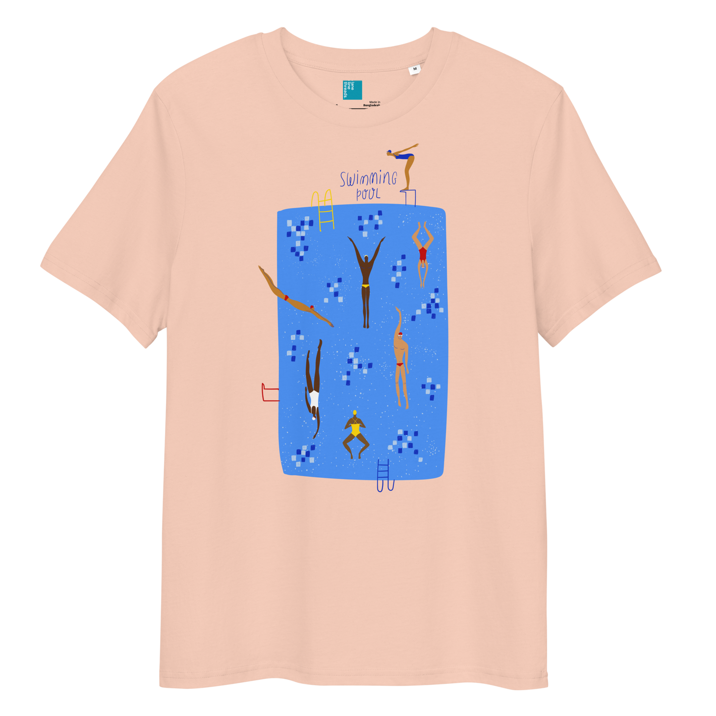 Peach organic swim shirt with illustrated blue pool and swimmers graphic, eco-friendly and sustainable shirt for swimmers and swim parents