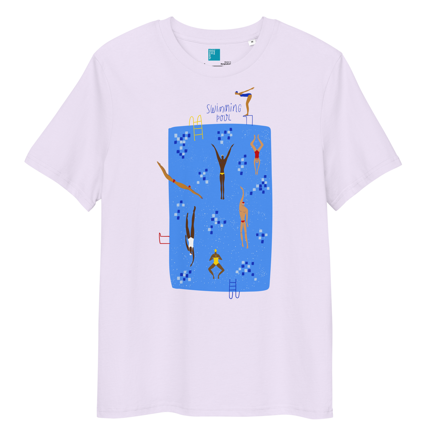 Lavender organic swim shirt with illustrated blue pool and swimmers graphic, eco-friendly and sustainable shirt for swimmers and swim parents