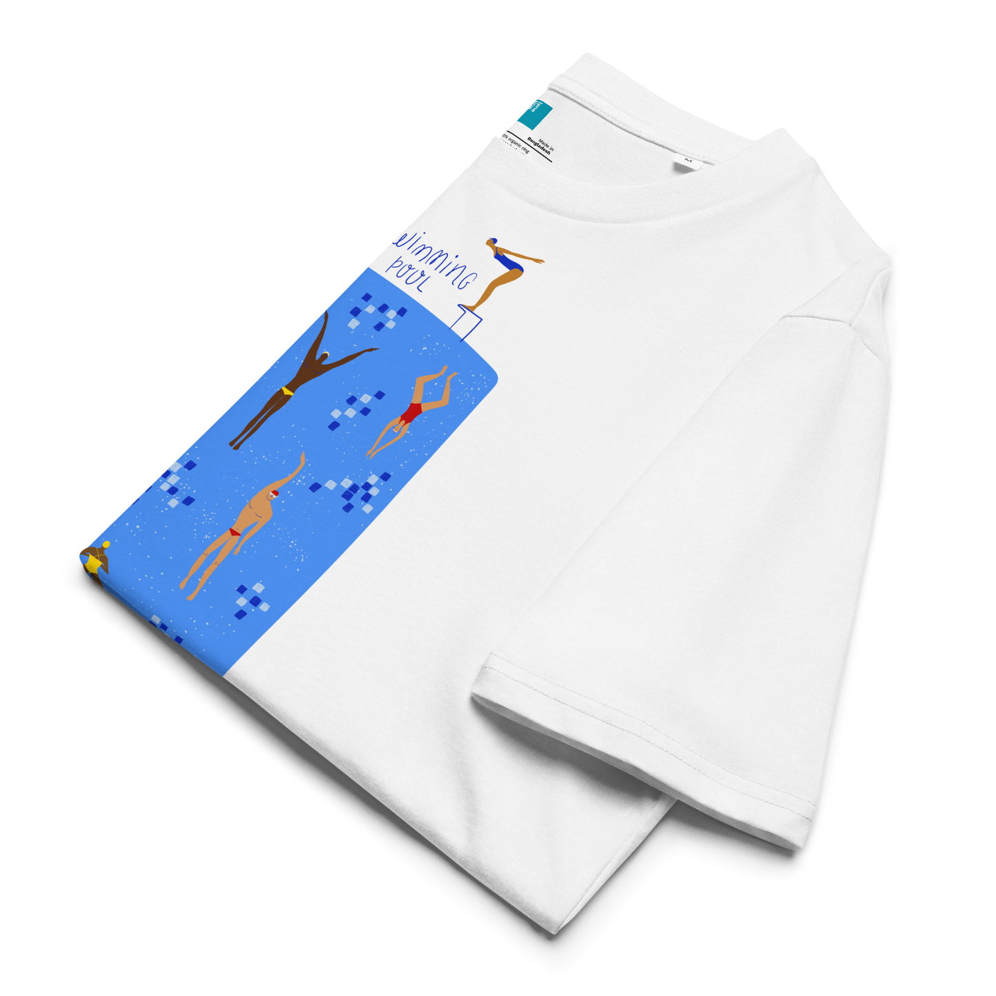 Folded white organic swim shirt with illustrated blue pool and swimmers graphic, eco-friendly and sustainable shirt for swimmers and swim parents