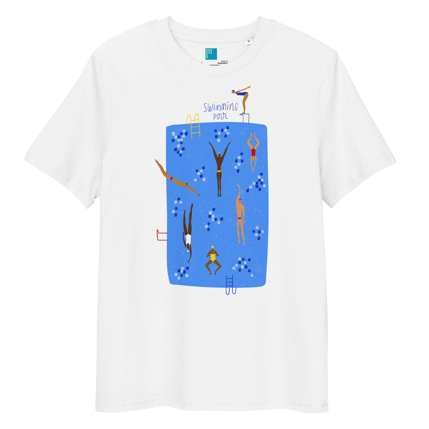 White organic swim shirt with illustrated blue pool and swimmers graphic, eco-friendly and sustainable shirt for swimmers and swim parents