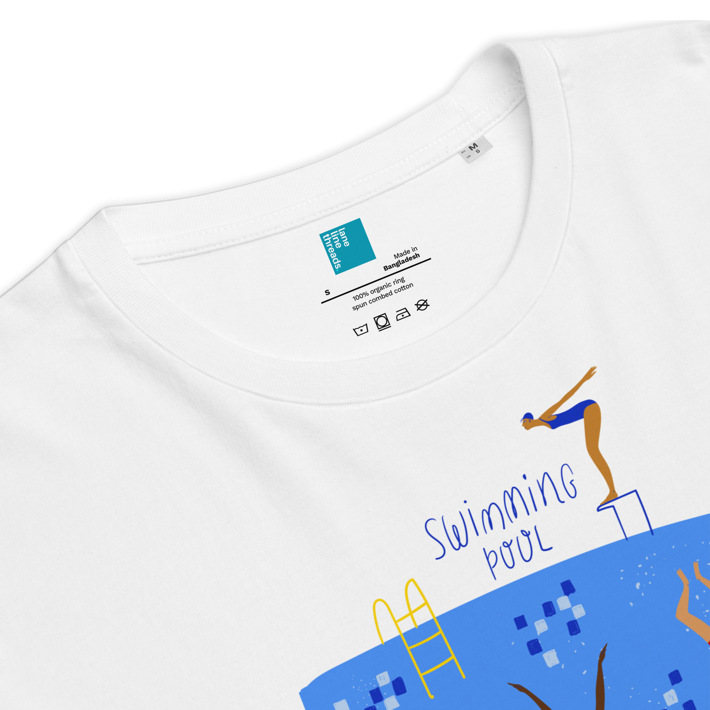 White t-shirt with a graphic of a swimmer and 'Swimming Pool' text on a blue background.