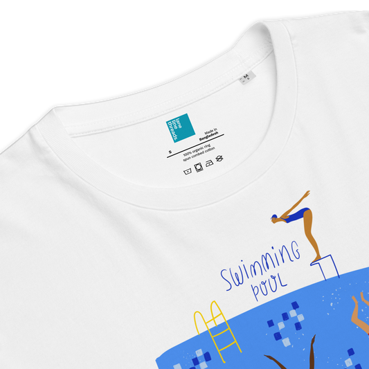 White t-shirt with a graphic of a swimmer and 'Swimming Pool' text on a blue background.