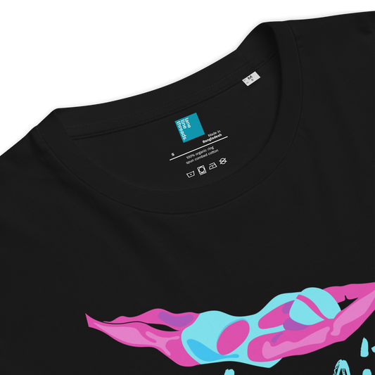 Black organic swim shirt front details featuring inner label with Lane Line Threads logo and a part of its stylized swimmer girl print – ideal for sustainable-minded swimmers.
