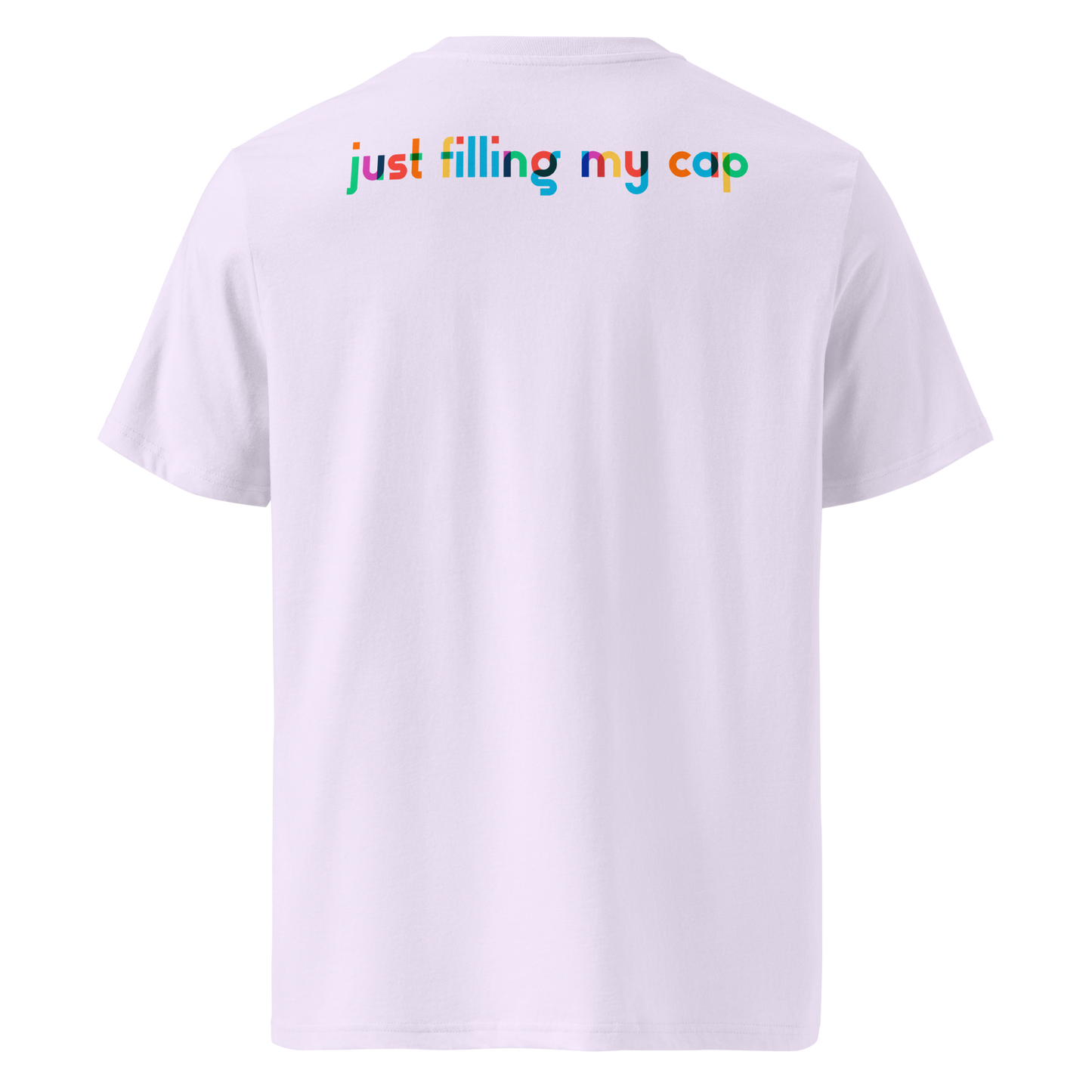 Lavender post-swim organic cotton t-shirt with colorful swim-themed text 'just filling my cap' on the back against a white background