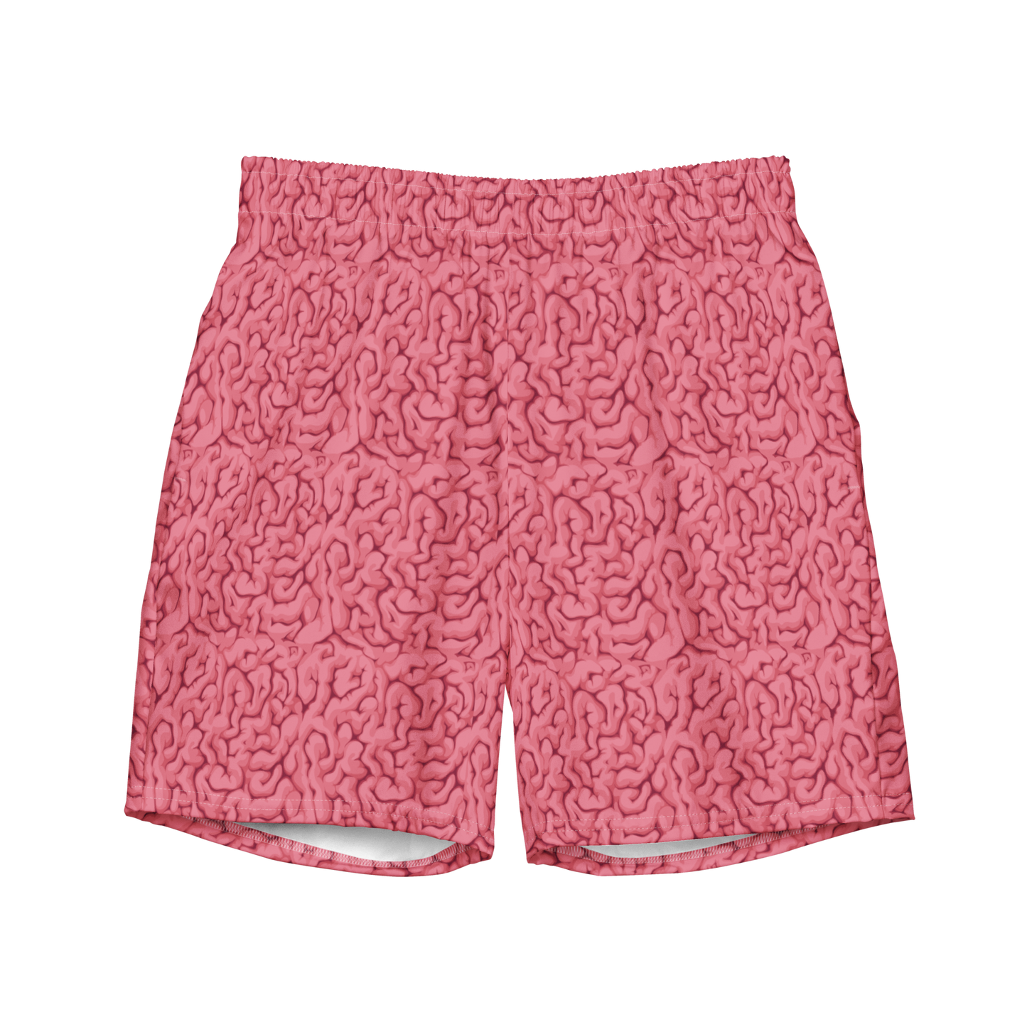 Halloween brain print organic swim trunks for swimmers and coaches, eco-friendly quick-dry trunks designed for comfort, humor, and sustainable style.