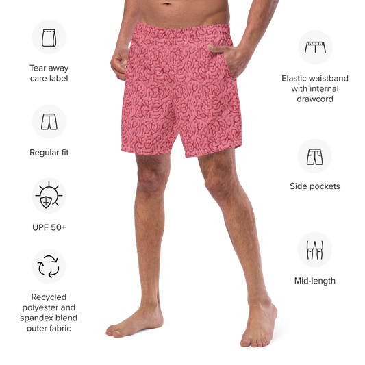 Person wearing organic swim trunks with brain print on it with features listed on a white background