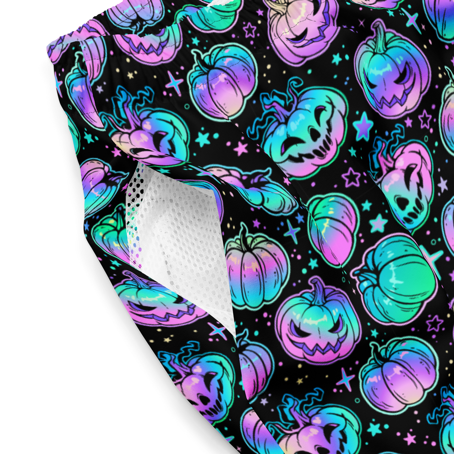 Halloween-themed organic swim trunks with colorful pumpkins inner pockets close-up