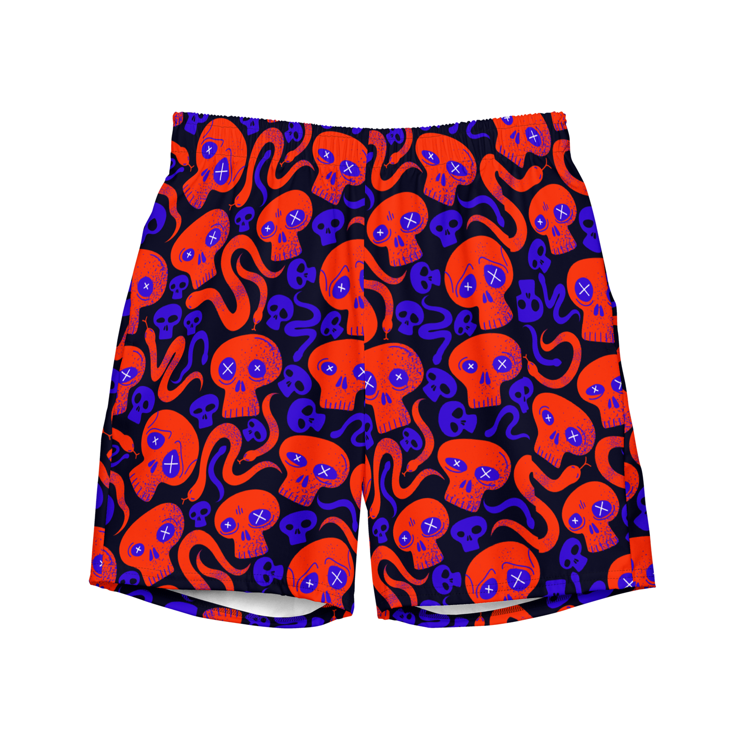 organic swim trunks with a vibrant pattern of red and blue skulls on a white background