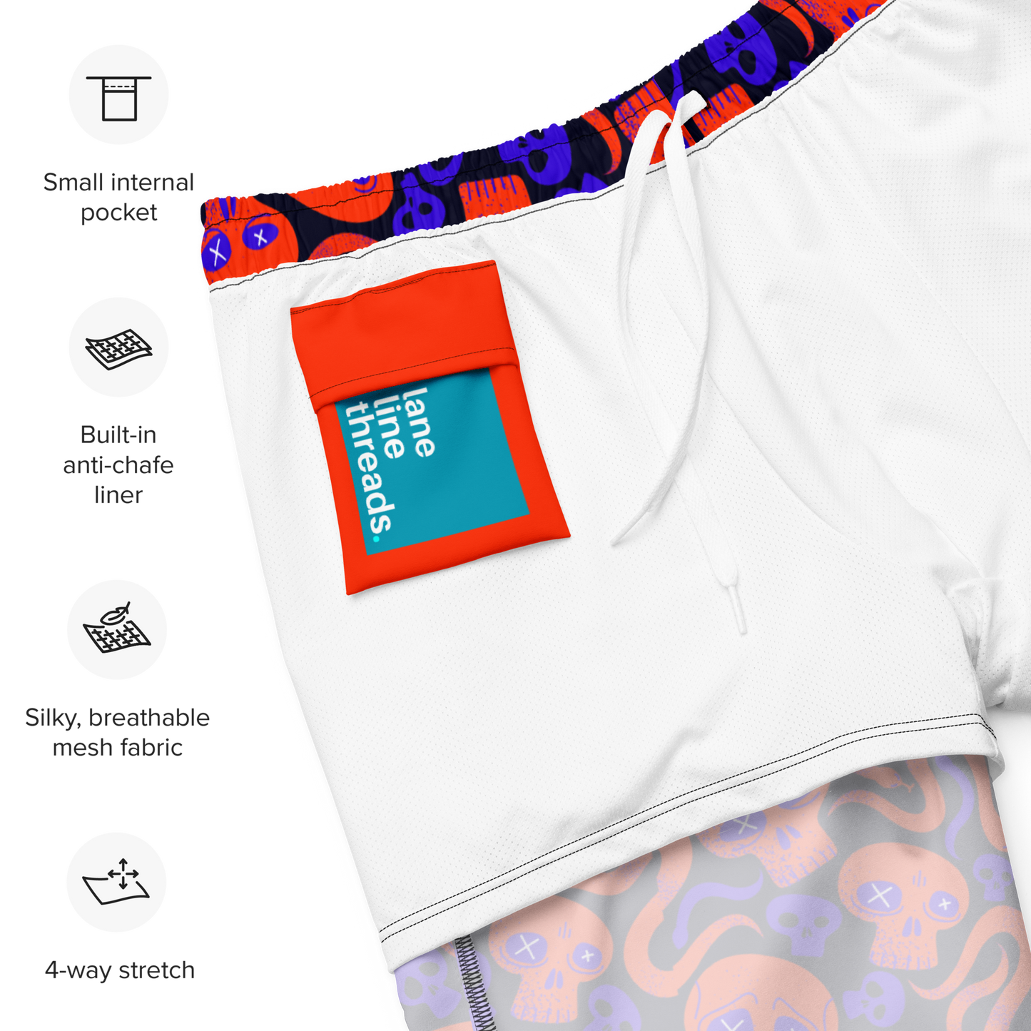 Halloween organic sim trunks with a built-in anti-chafe liner and mesh pocket, featuring lane threads branding.