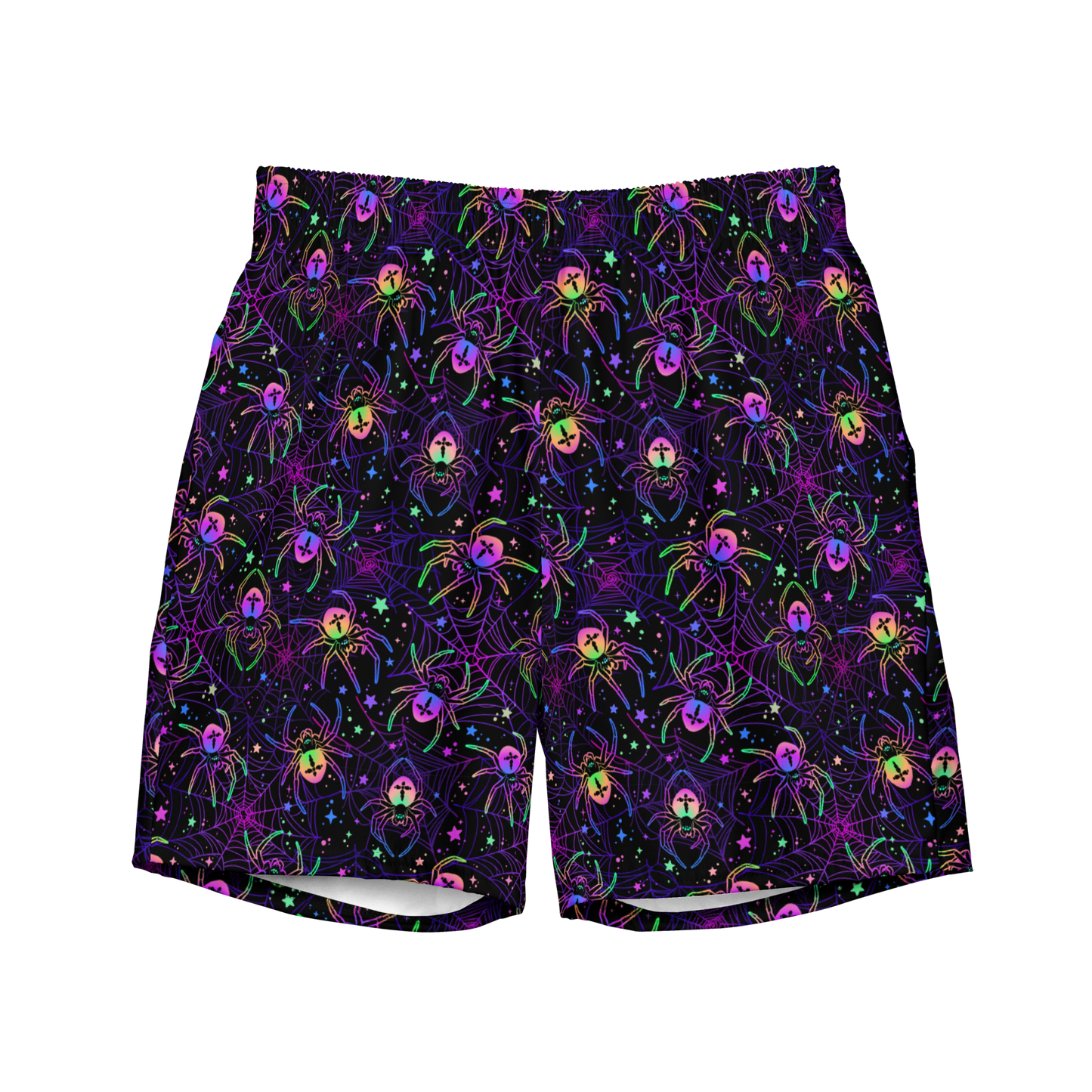 Halloween organic swim trunks with neon rainbow spiders and web pattern on black background, quick-drying, recycled fabric trunks for swimmers and coaches.
