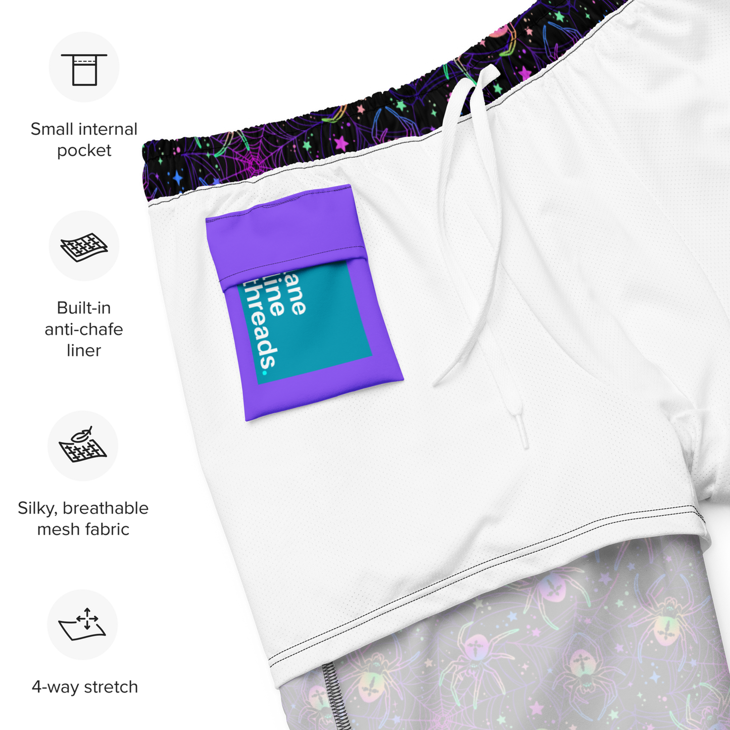 White inner side of an organic swim trunks with a purple pocket featuring Lane Line Threads label on the side.