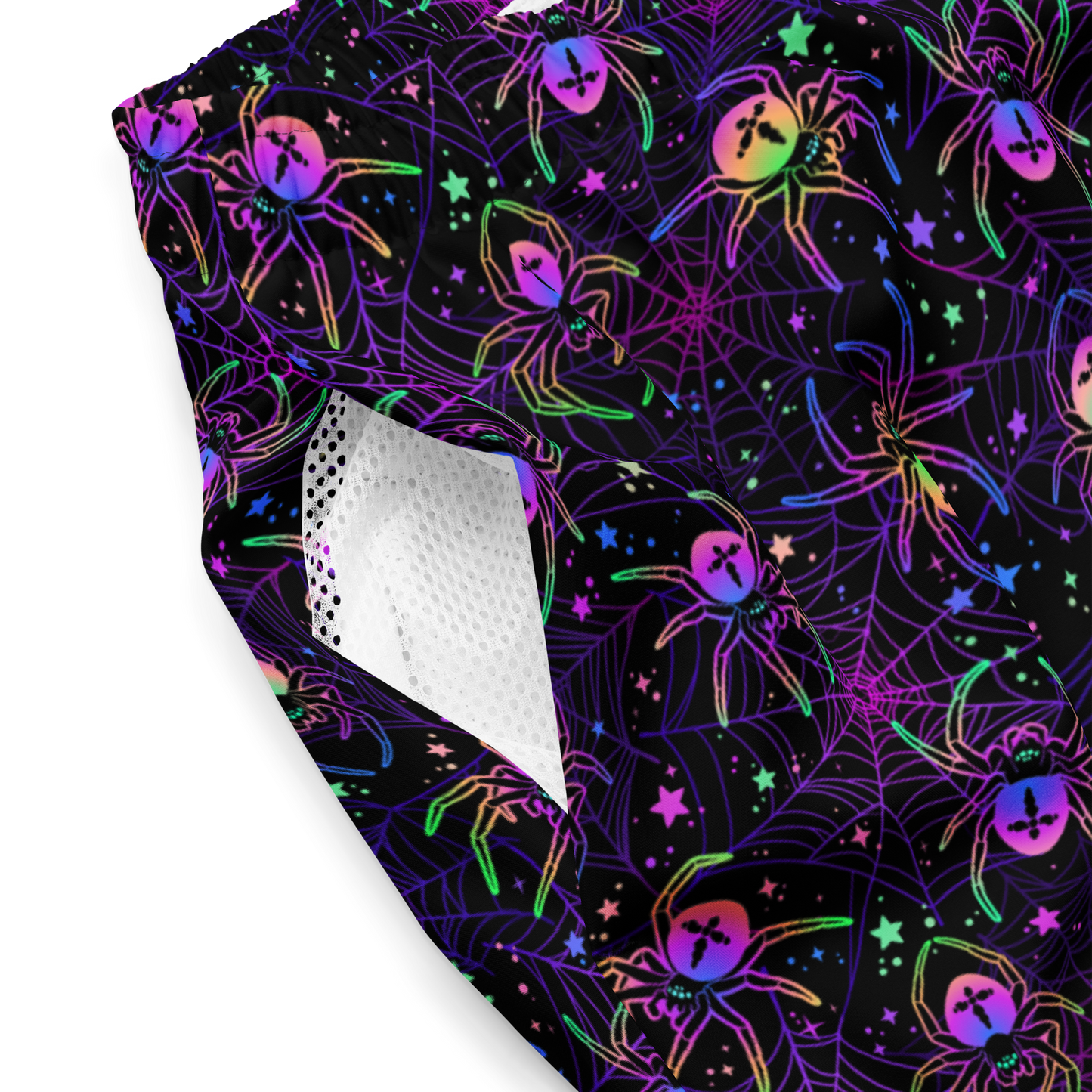 Colorful spider and web pattern organic swim trunks details on a black background