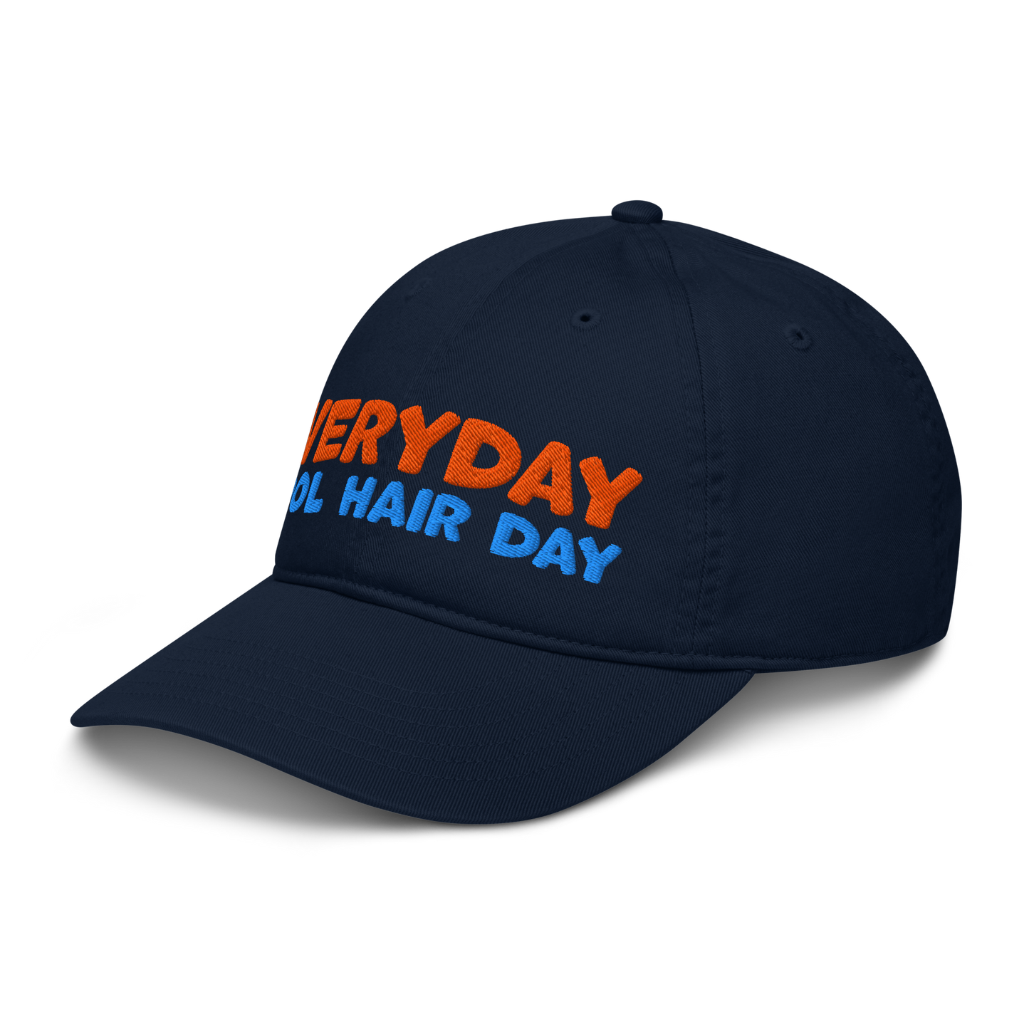Side view of navy organic baseball cap angled left, highlighting soft, curved brim and minimalist stitching. Made from sustainable, biodegradable cotton.