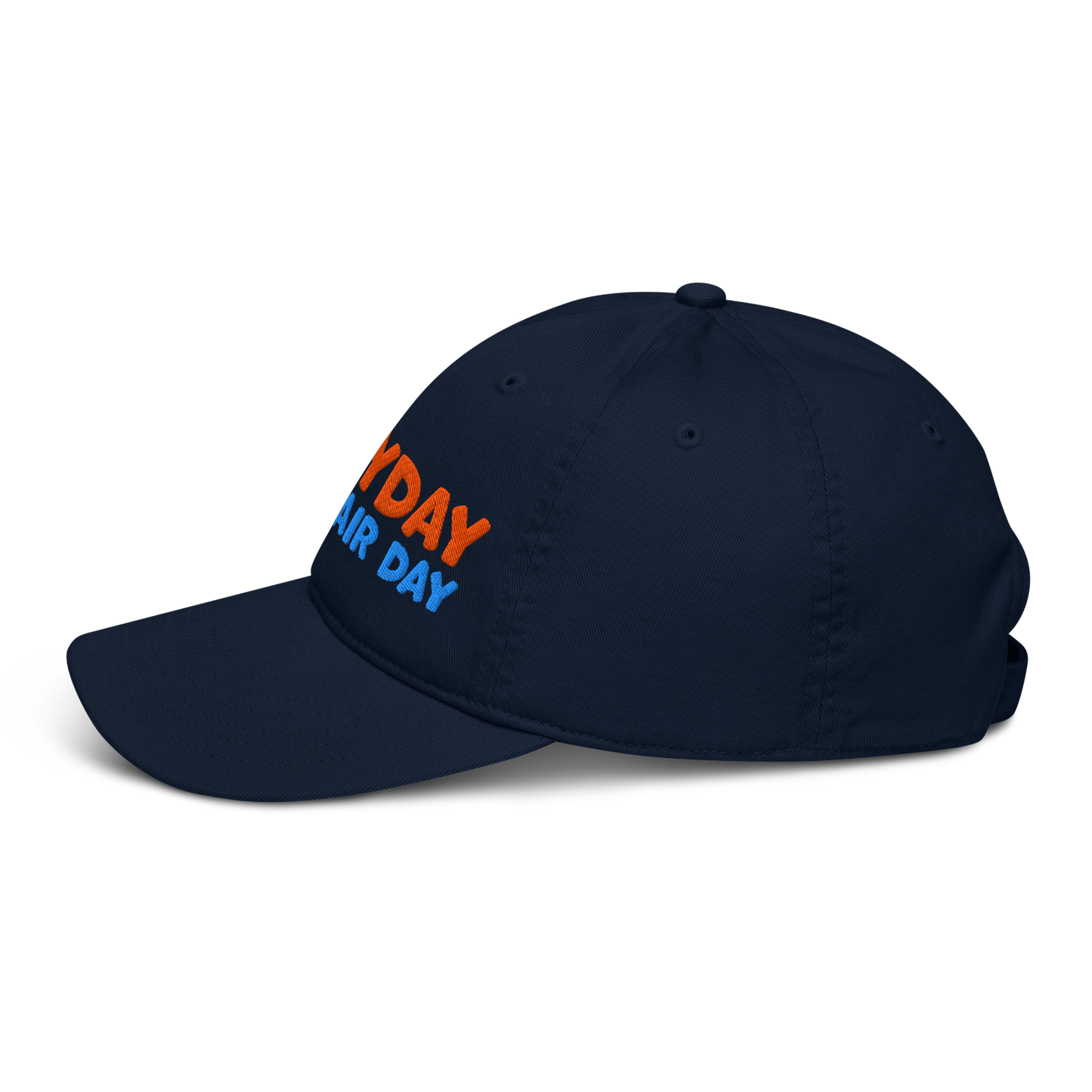 Navy blue cap with colorful text on a white background