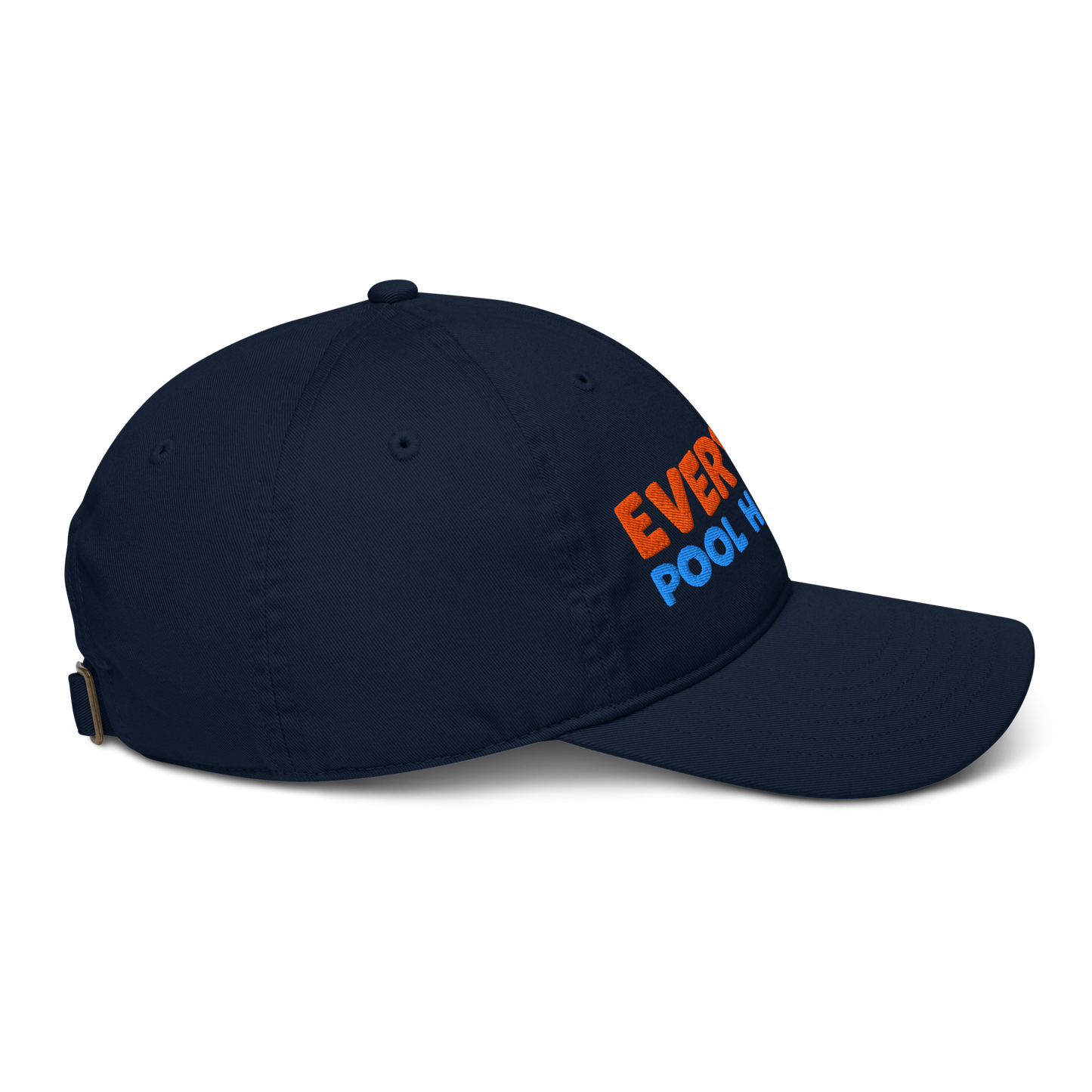 Navy blue cap with orange and blue text on a white background