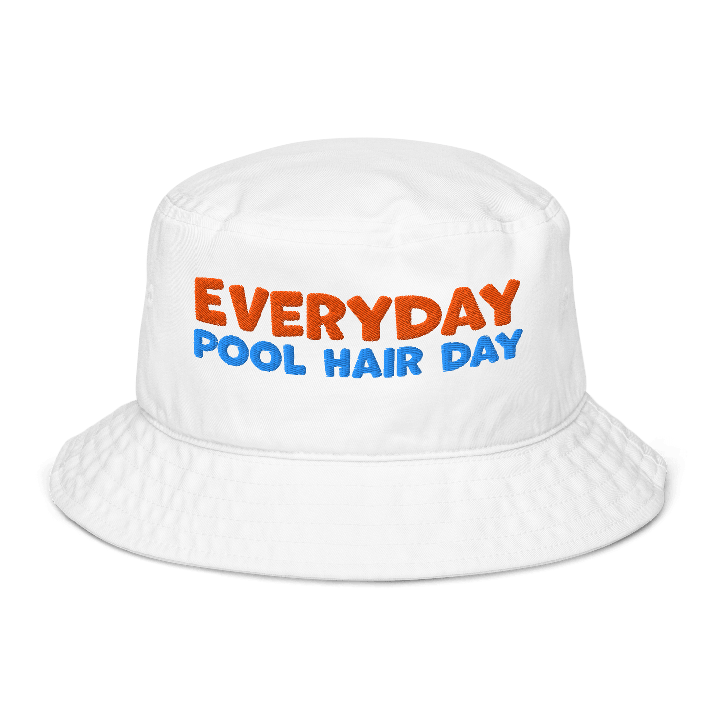 White organic cotton bucket hat with "EVERYDAY" in orange and "POOL HAIR DAY" in blue embroidered text. Eco-friendly, breathable, and biodegradable swimmer hat.