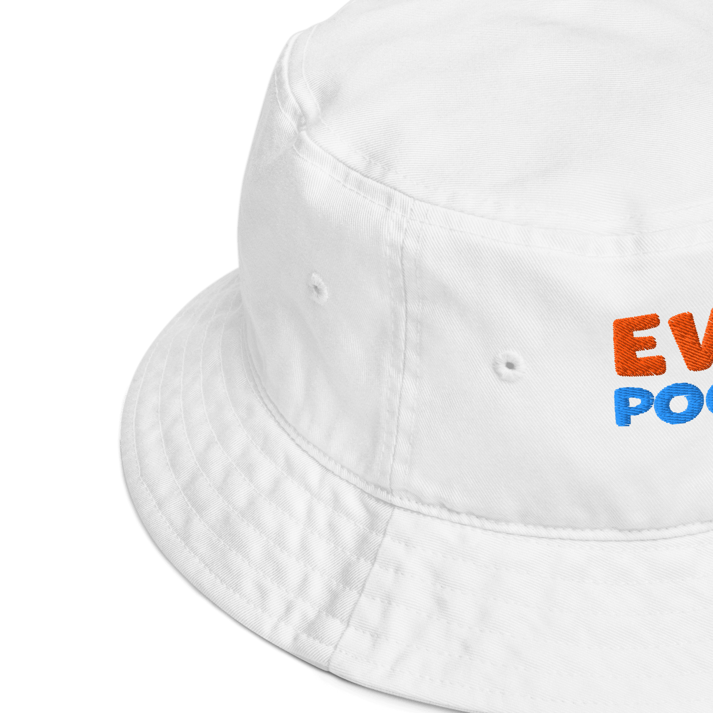 White bucket hat with colorful text on a white background