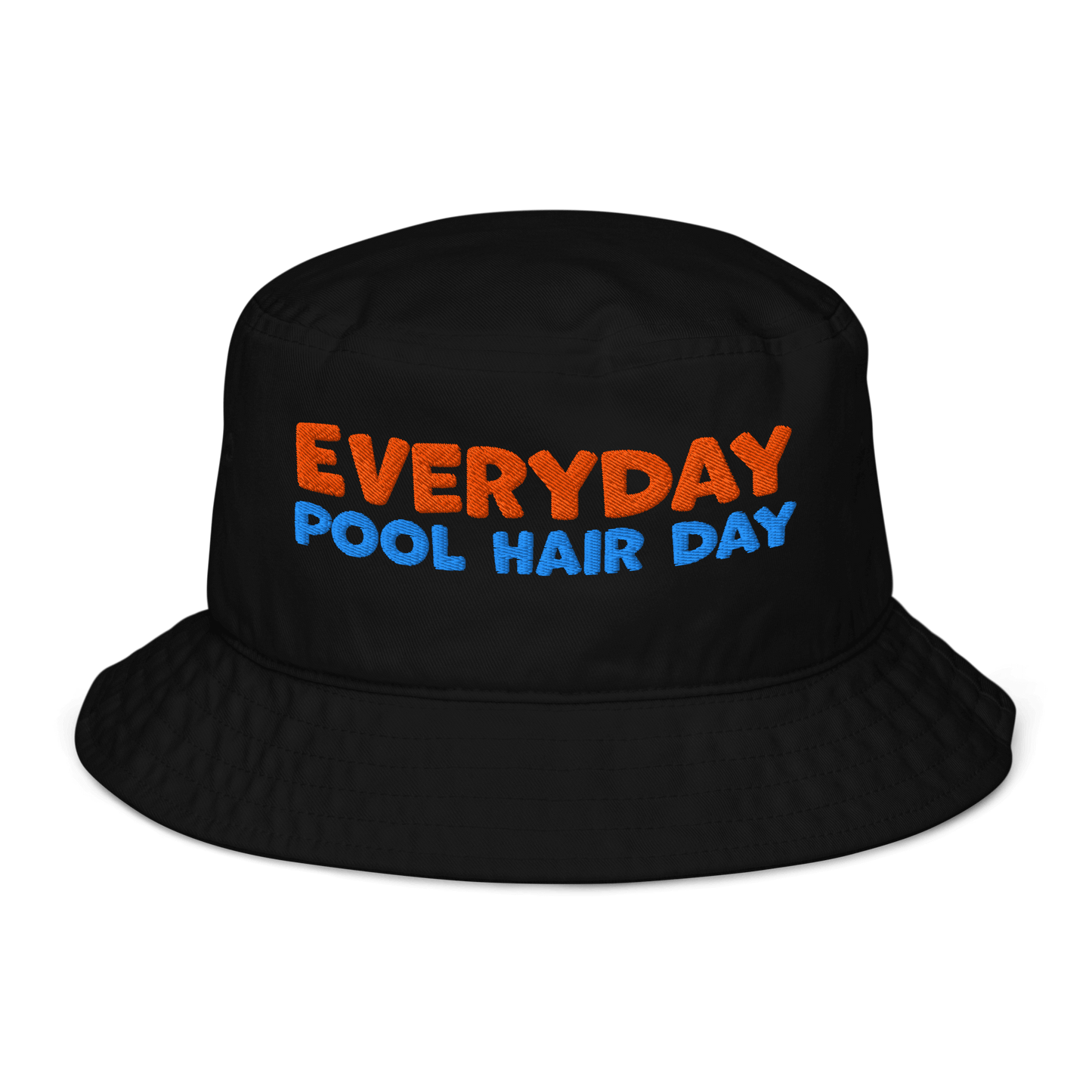 Black organic cotton bucket hat with "EVERYDAY" in orange and "POOL HAIR DAY" in blue embroidered text. Eco-friendly, breathable, and biodegradable swimmer hat.