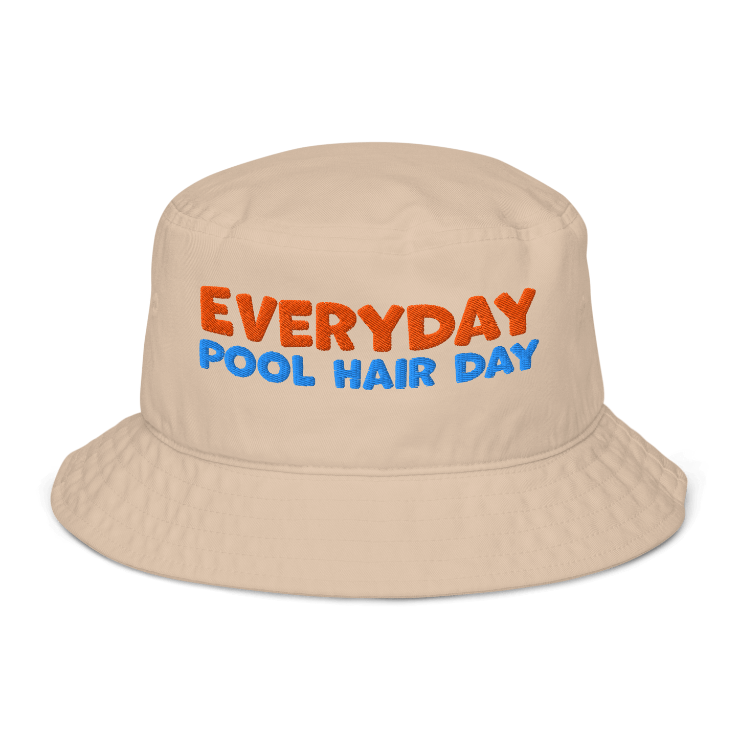 Beige organic cotton bucket hat with "EVERYDAY" in orange and "POOL HAIR DAY" in blue embroidered text. Eco-friendly, breathable, and biodegradable swimmer hat.