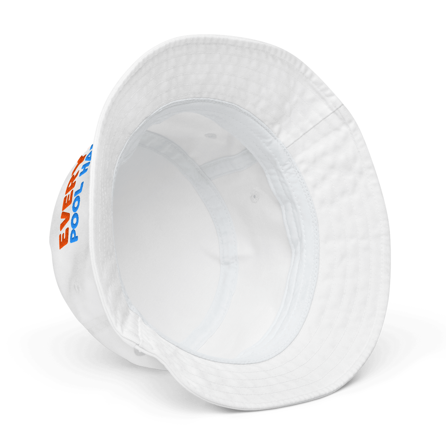 White bucket hat with a colorful logo on a white background