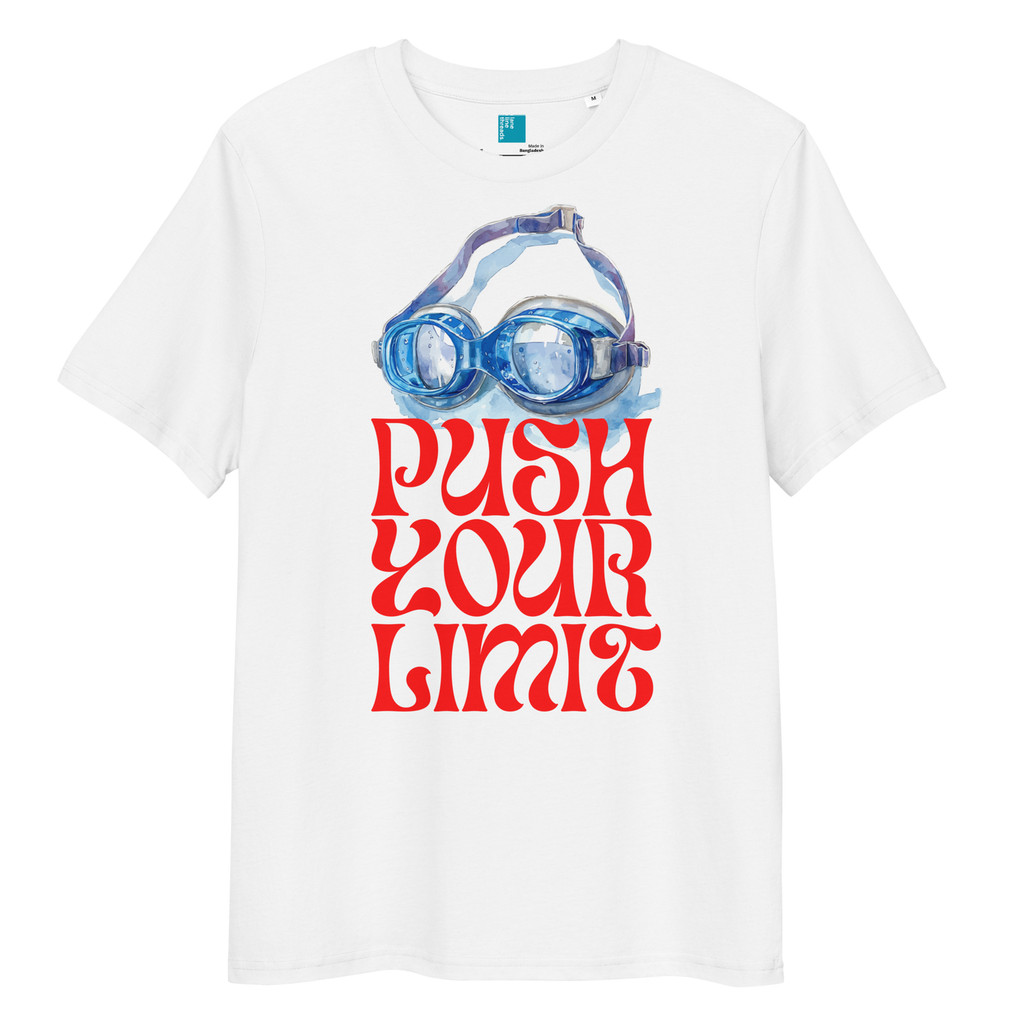 White organic cotton shirt featuring blue swim goggles and red retro text that reads “Push Your Limit” – ideal for eco-conscious swimmers.