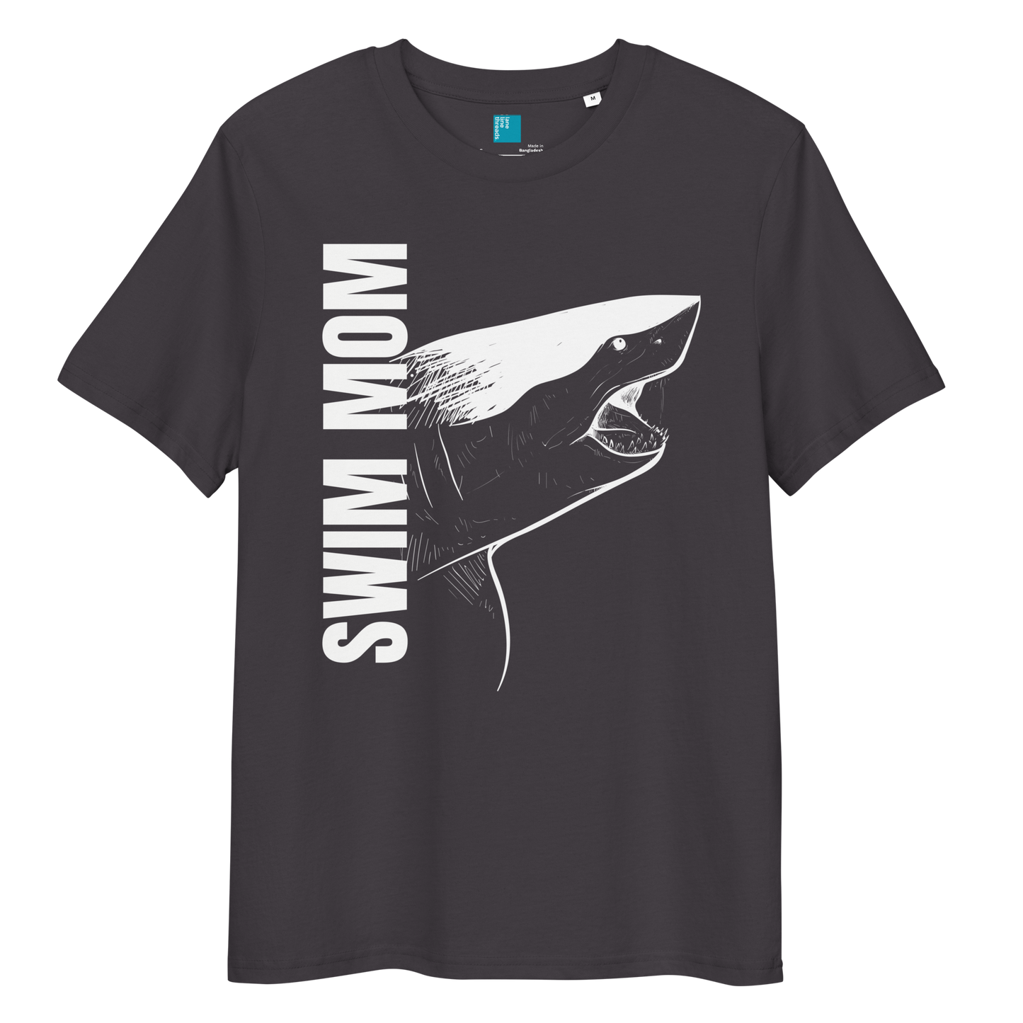 Anthracite organic cotton t-shirt with a bold white shark graphic and vertical “Swim Mom” text—perfect for fierce, eco-conscious swim moms.