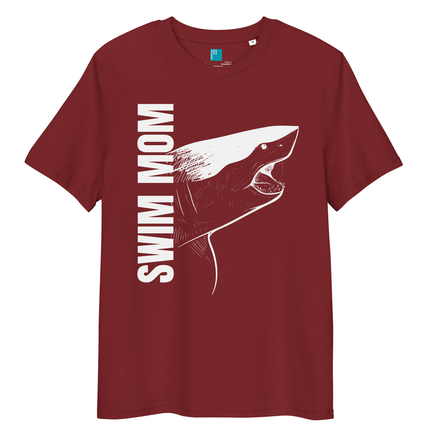 Burgundy organic cotton t-shirt with a bold white shark graphic and vertical “Swim Mom” text—perfect for fierce, eco-conscious swim moms.
