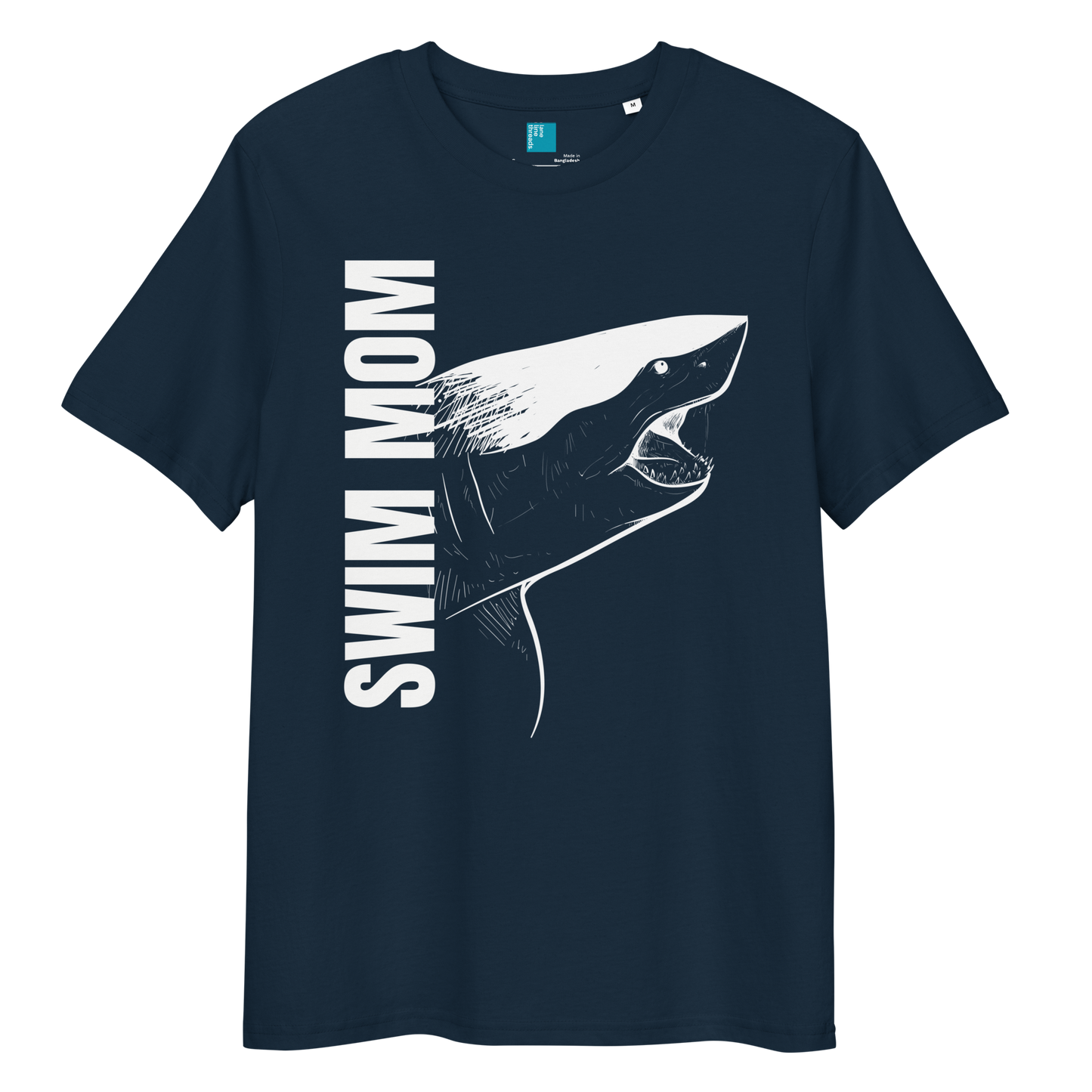 French navy organic cotton t-shirt with a bold white shark graphic and vertical “Swim Mom” text—perfect for fierce, eco-conscious swim moms.