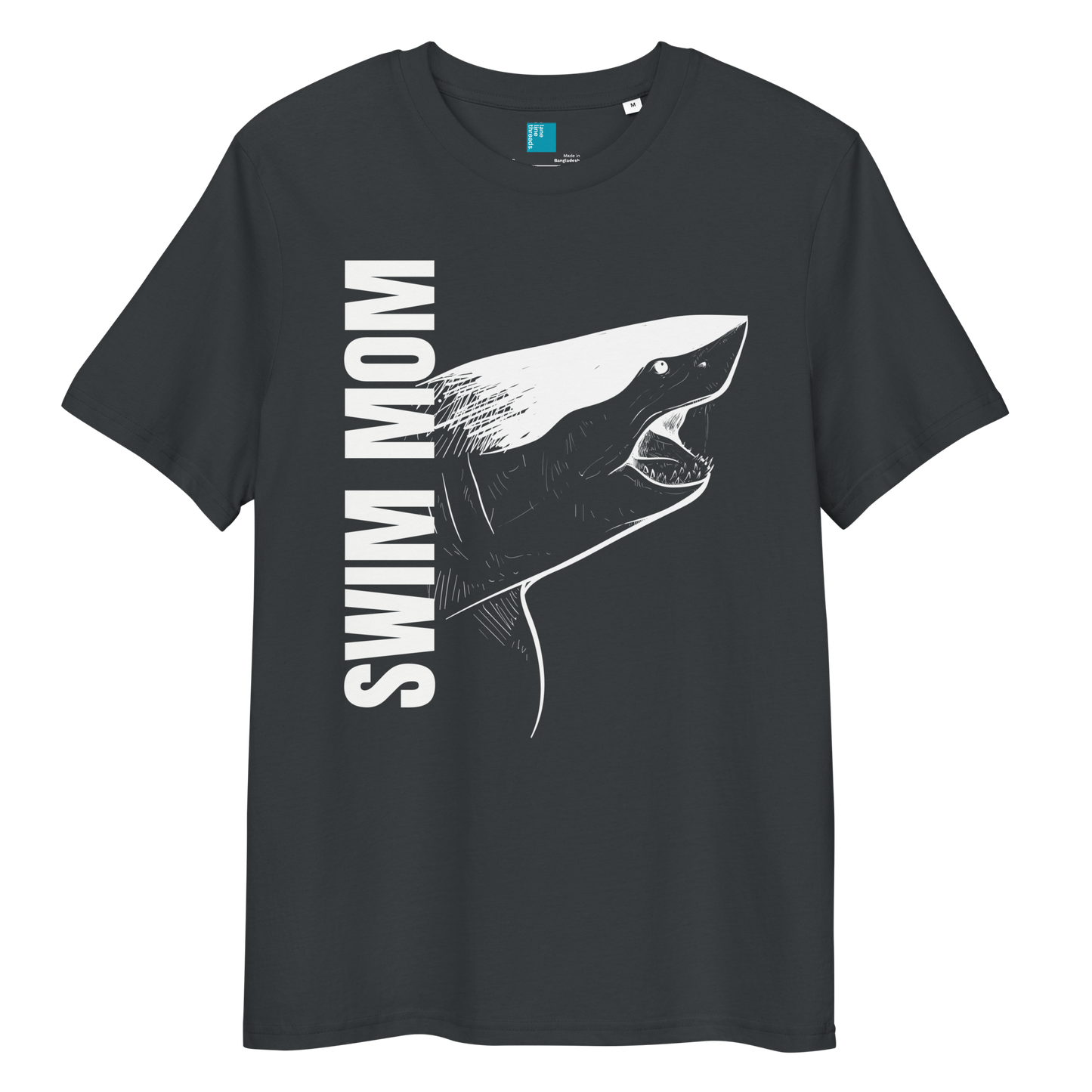 India ink grey organic cotton t-shirt with a bold white shark graphic and vertical “Swim Mom” text—perfect for fierce, eco-conscious swim moms.