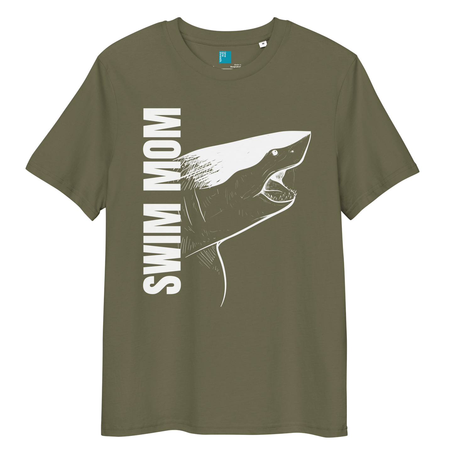 Khaki organic cotton t-shirt with a bold white shark graphic and vertical “Swim Mom” text—perfect for fierce, eco-conscious swim moms.