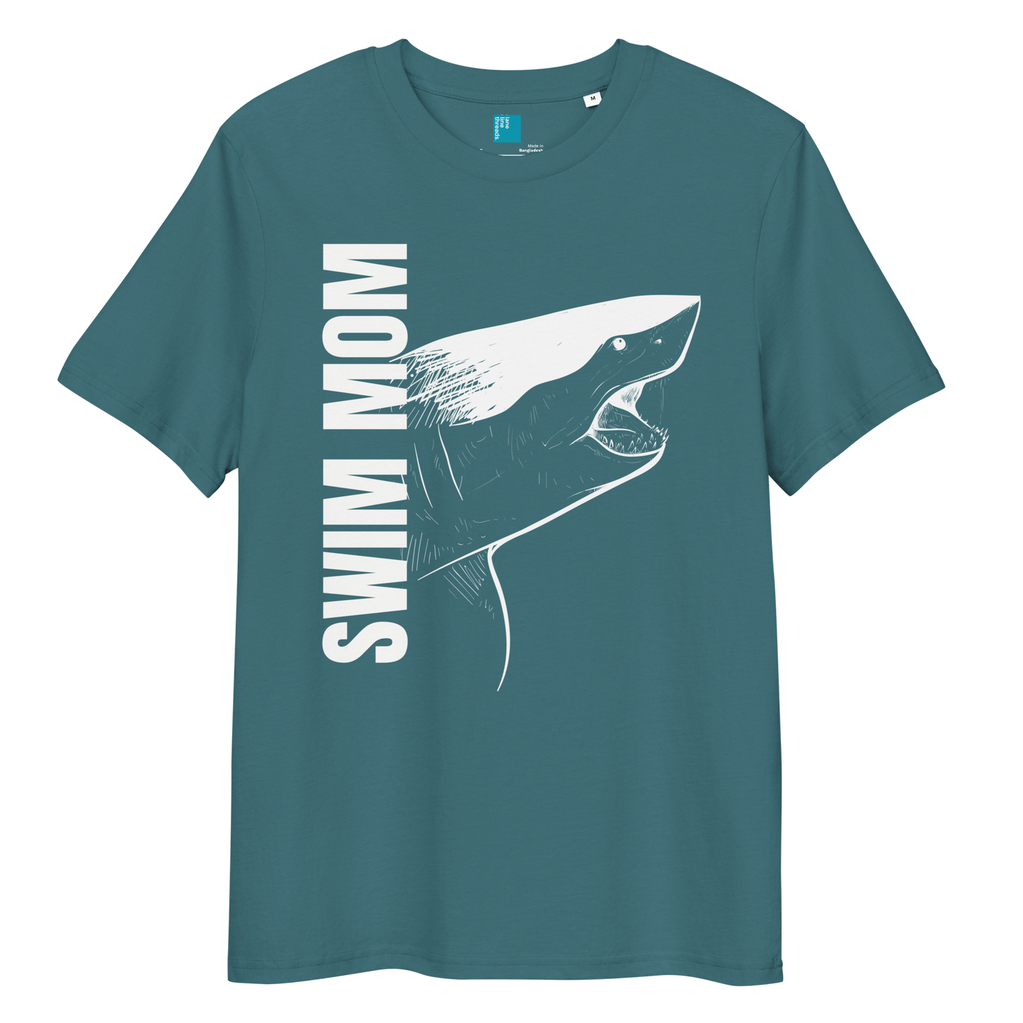 Stargazer organic cotton t-shirt with a bold white shark graphic and vertical “Swim Mom” text—perfect for fierce, eco-conscious swim moms.