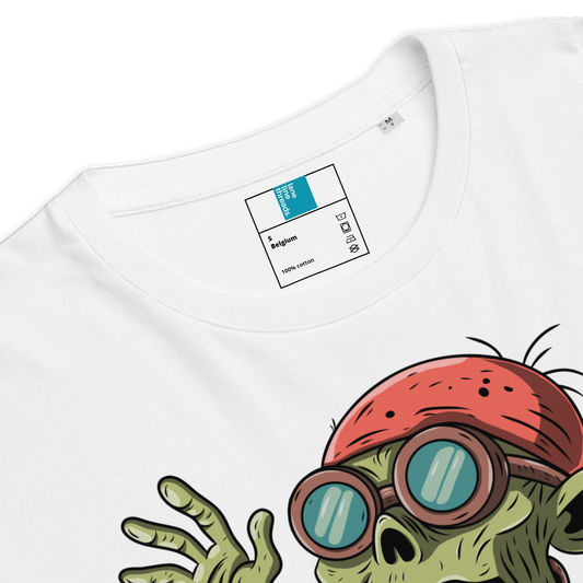 White swim coach Halloween organic shirt with a cartoon character wearing swim goggles and a red cap, Lane Line Threads brand label visible.