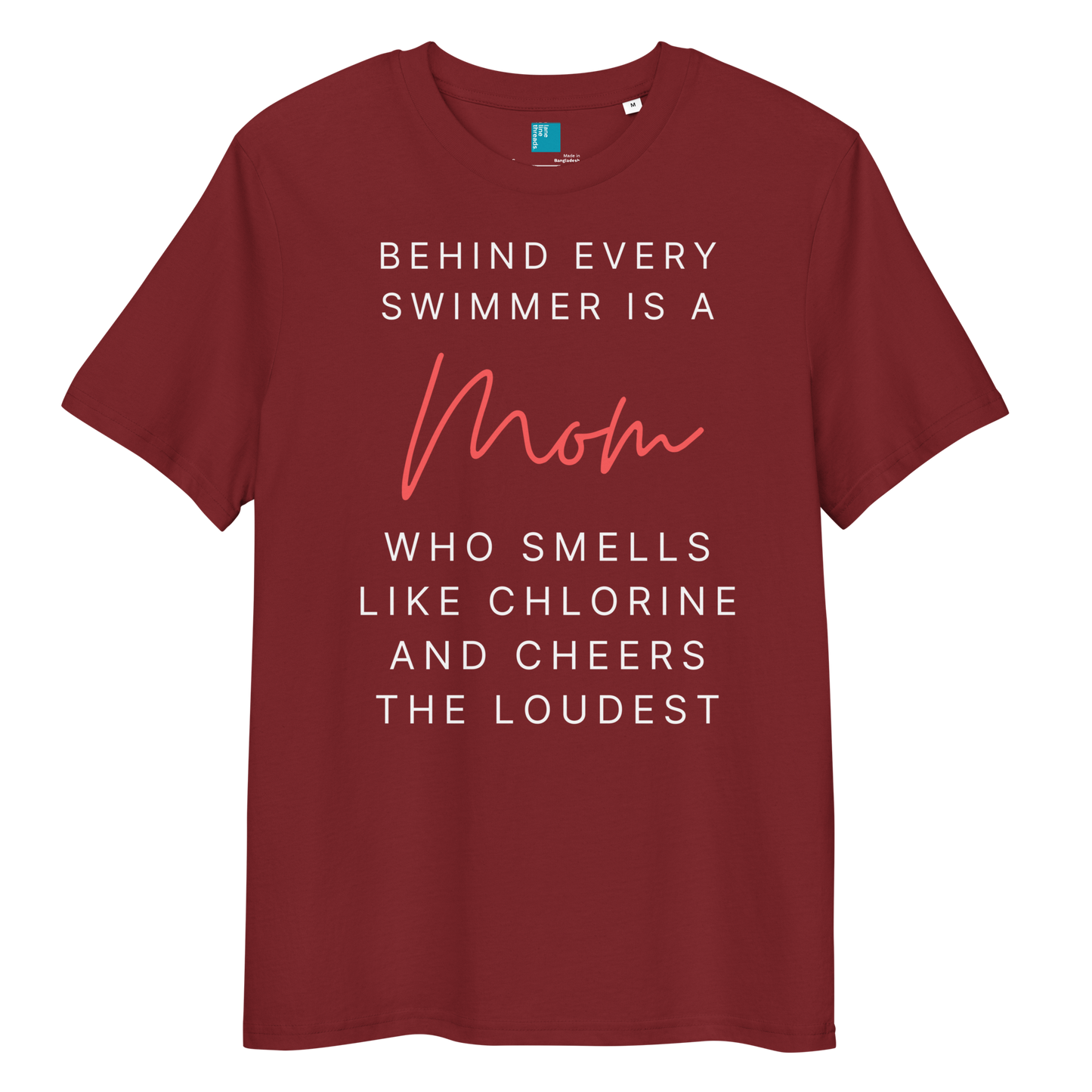 Maroon t-shirt with humorous text about swimmers and moms on a white background