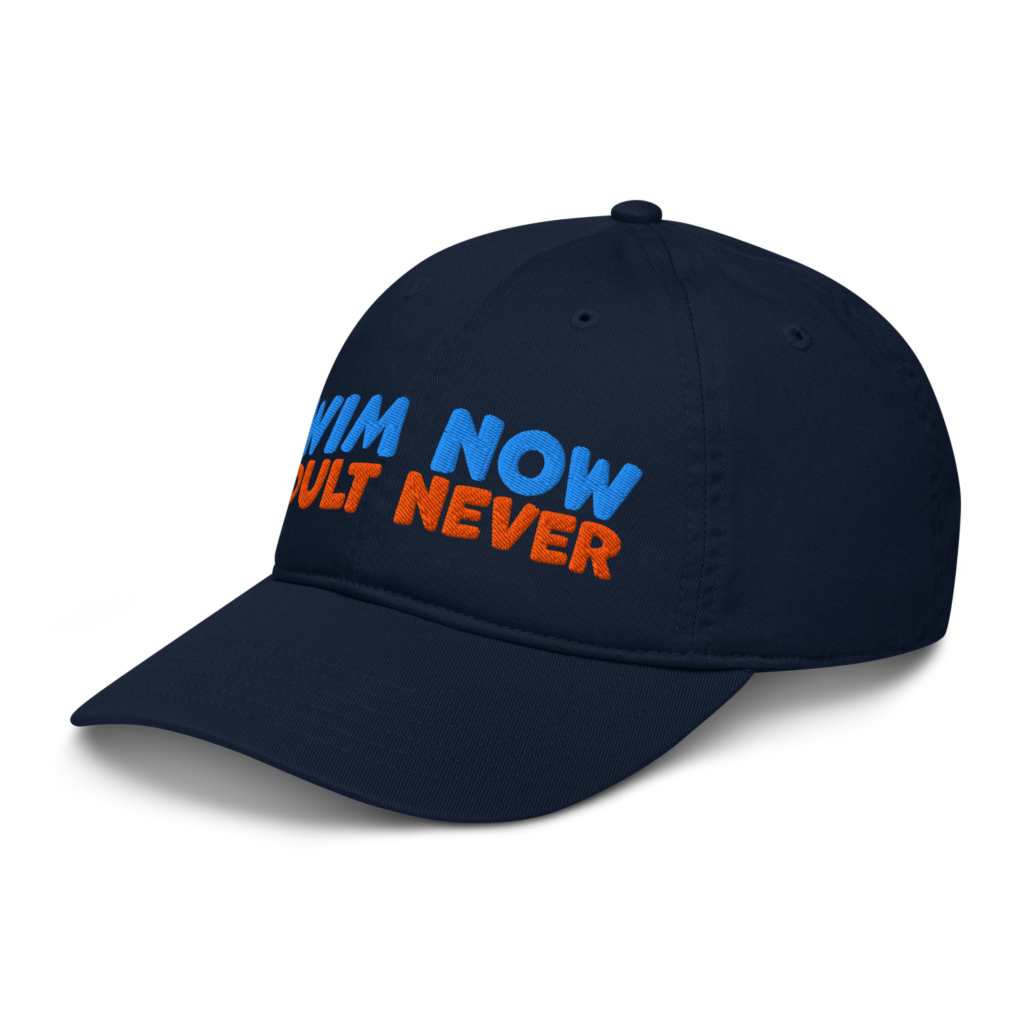 Side view of navy organic baseball cap angled left, showing structured brim and breathable 100% organic cotton fabric. Eco-friendly headwear for swimmers.
