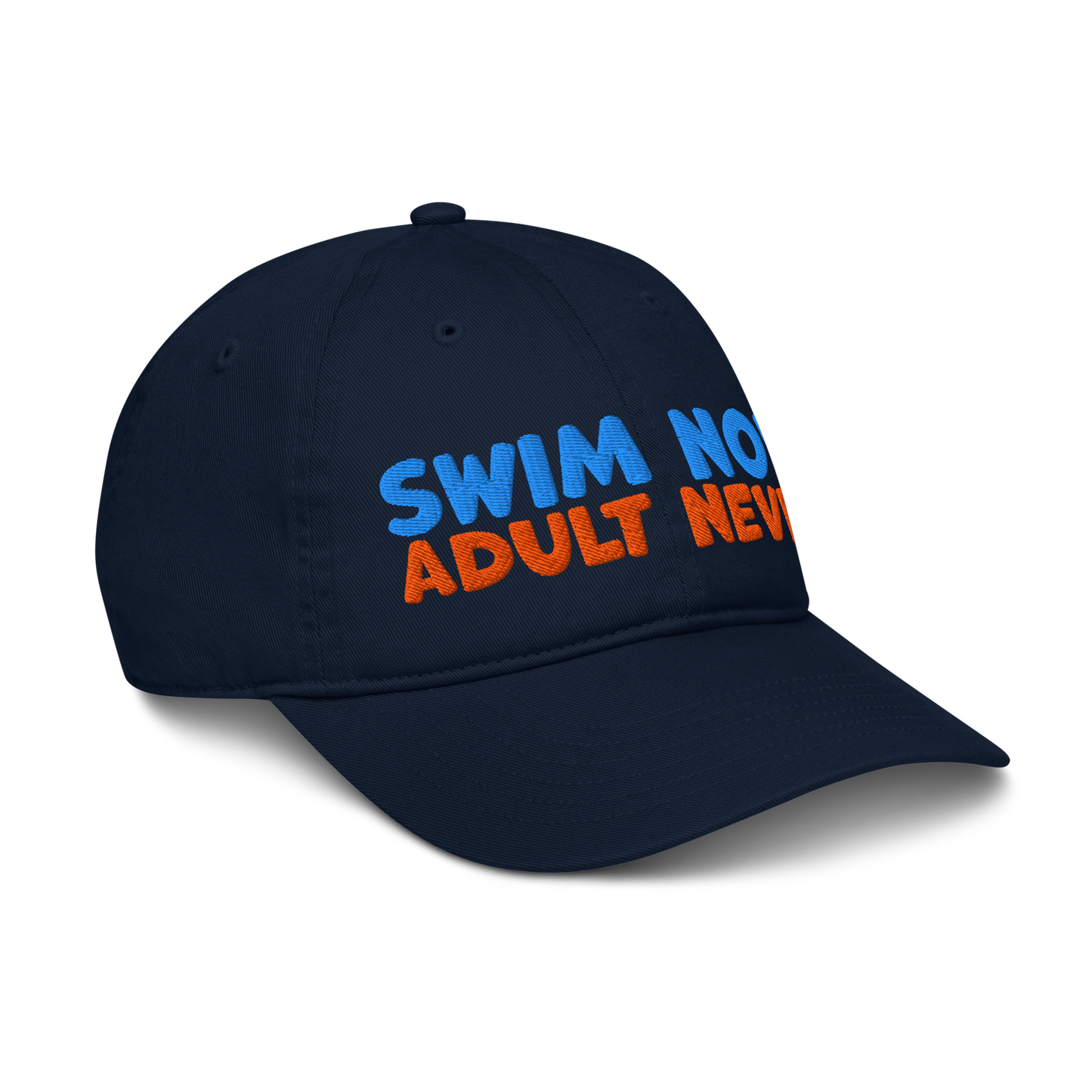 Side view of navy organic baseball cap angled right, showing structured brim and breathable 100% organic cotton fabric. Eco-friendly headwear for swimmers.