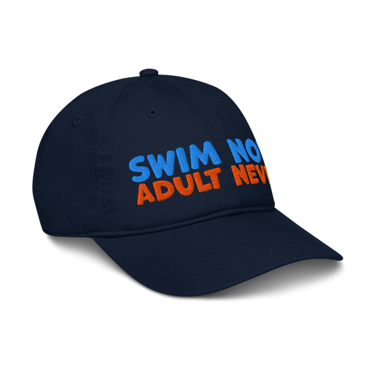 Side view of navy organic baseball cap angled right, showing structured brim and breathable 100% organic cotton fabric. Eco-friendly headwear for swimmers.