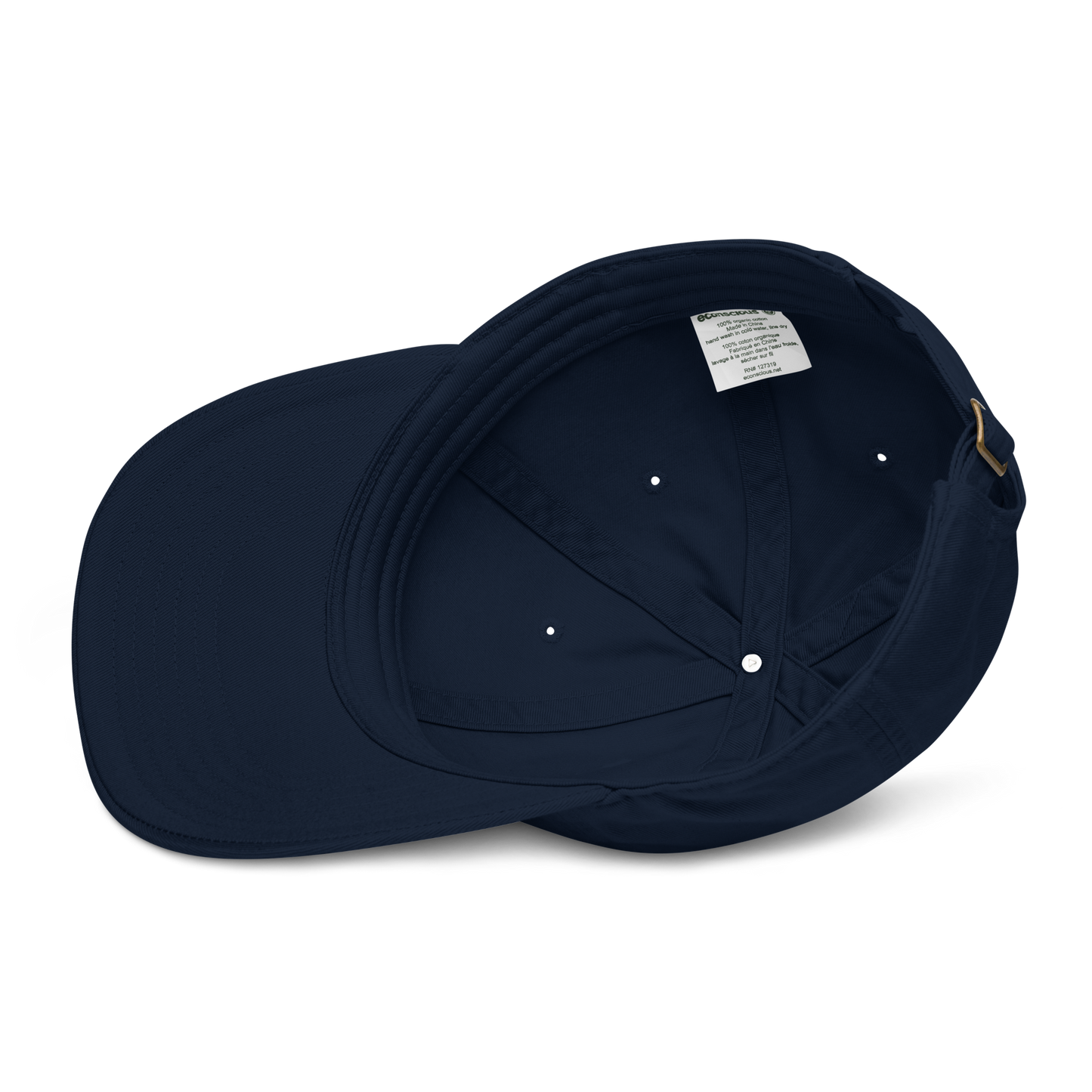 Navy blue cap with a tag on a white background
