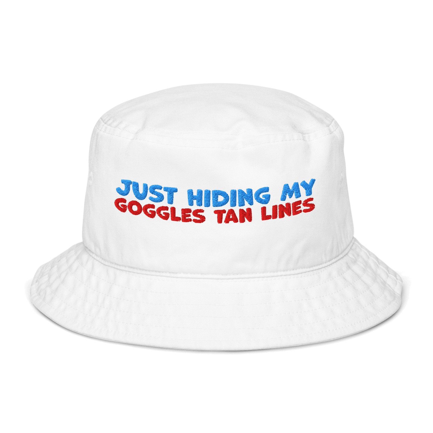White organic bucket hat with blue and red embroidery reading “Just Hiding My Goggles Tan Lines.” Eco-friendly, breathable, and biodegradable swimmer hat.