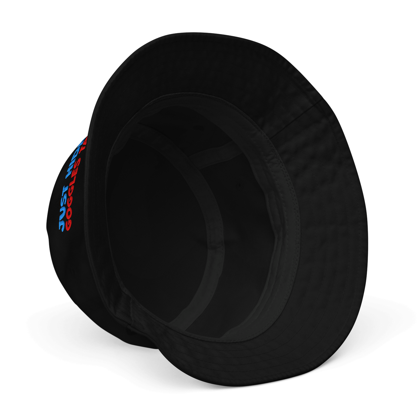 Black bucket hat with a brand logo on a white background